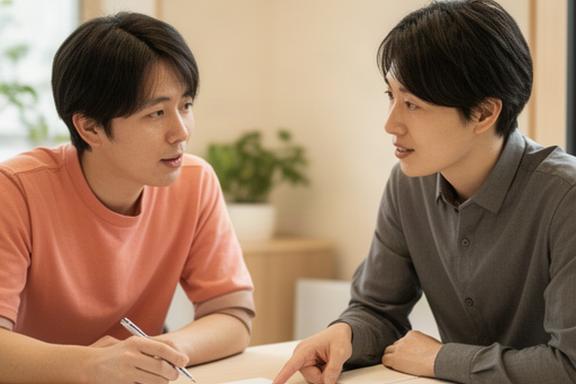 香川県の中小企業の打ち合わせスペースで、経営者と支援担当者が人事制度の資料を見ながら相談する様子